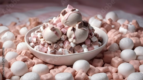 A hyper-detailed 4K photo of a scoop of rocky road ice cream resting on a bed of marshmallows, the intricate criss-cross patterns of the marshmallows on full display.