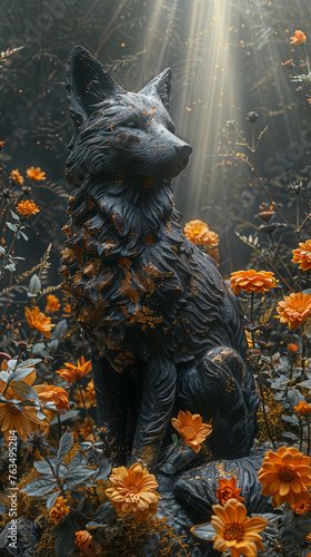 Enigmatic Canine Statue Amidst Golden Flowers in a Mystical Forest
