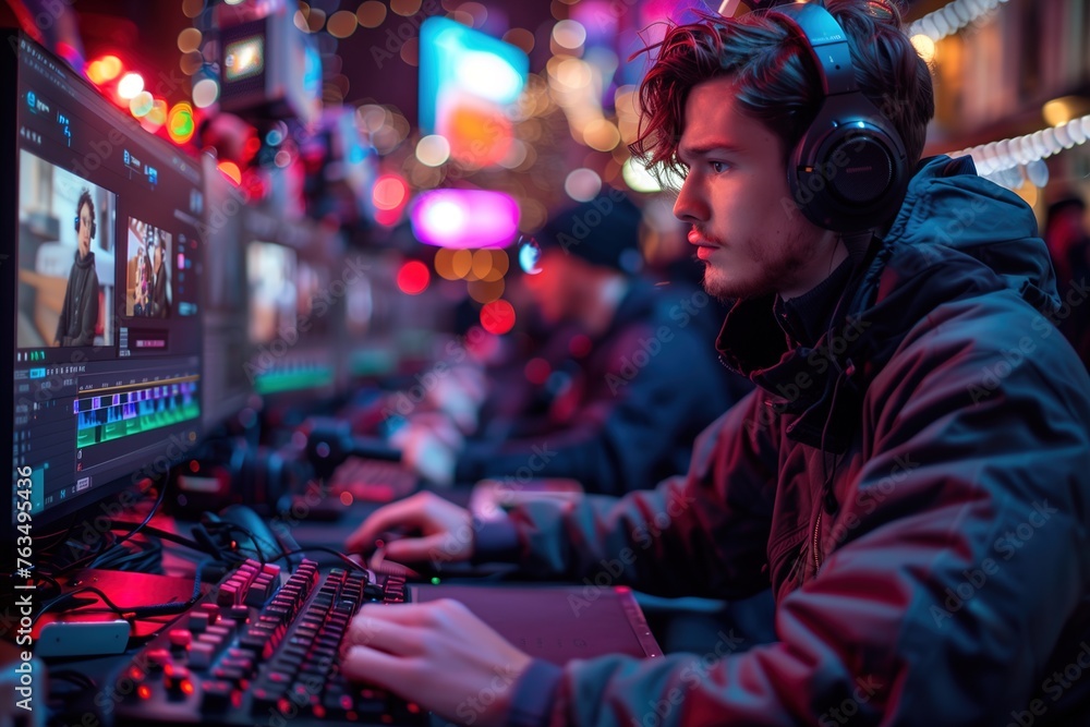 A dedicated video editor works on a project in a colorful, neon-lit room filled with screens and digital equipment A dedicated video editor works on a project in a colorful, neon-lit room filled with screens and digital equipment