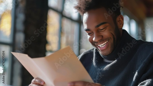 Portrait happy smiling man reading a letter in home. AI generated image photo