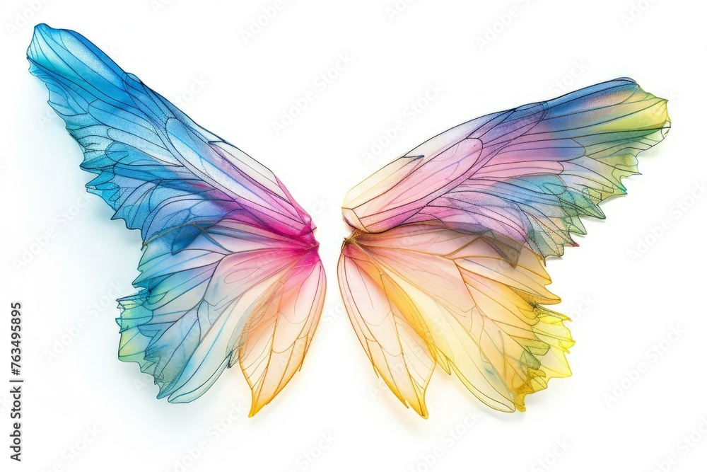 Vibrant colors of butterfly wings stand out against a clean white background