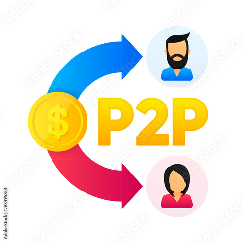 Peer to peer trading. P2P lending. Cryptocurrency. Virtual transaction between two users. Modern style. Vector illustration.