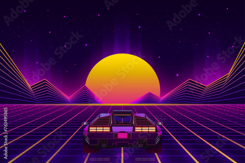 Retro futuristic car on the road to the landscape of the night city, 1980s	
