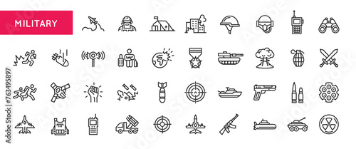Black outline icons for military and warfare topics. Covers conflict, bombing, weapons, defense, soldiers, nuclear attacks, etc. For web, mobile, promotional materials, and SMM. Vector illustration.