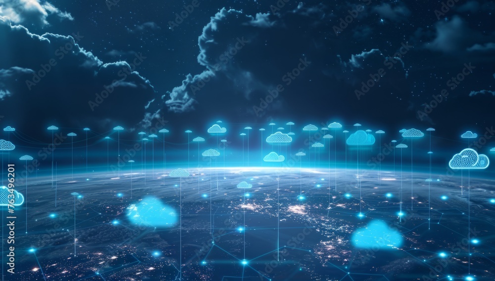 A digital illustration of cloud technology, with glowing blue clouds ...