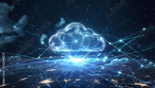 A glowing cloud symbolizing the global network The dark blue background has digital connections and data streams emanating from it Generative AI