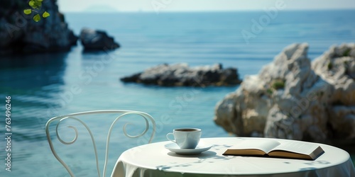 Serene seaside retreat with coffee and book on a table, tranquil morning by the sea. Concept of peaceful solitude and relaxation photo