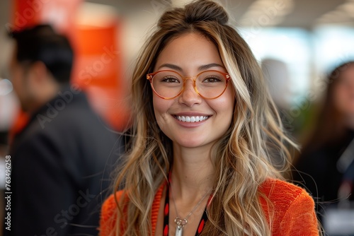 A cheerful young woman with blonde hair and distinctive orange glasses smiling brightly