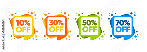 Sale Discount labels. Special Offer Price. 10, 30, 50 and 70 percent off reduction symbols. Colored elements. Vector illustration.