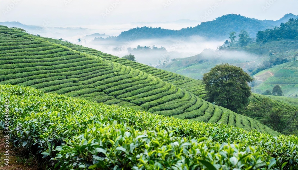 tea plantation nature background with foggy