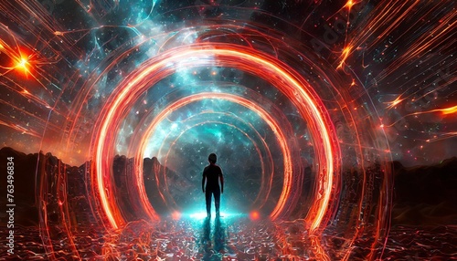 space futuristic landscape fiery meteorites sparks smoke light arches dark background with light element in the center silhouette of a man a reflection of neon lights 3d rendering photo