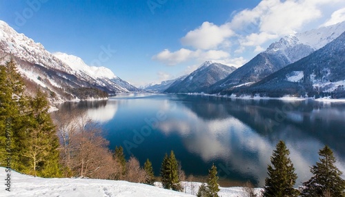 beautiful winter snowy scene landscape in the mountains with a lake snow wallpaper background