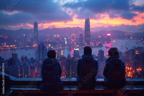 Three friends sitting on a high vantage point over a cityscape as the sun sets, creating a feeling of companionship #763497076