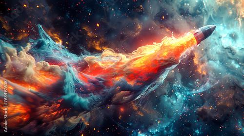 Space rocket flying through a cosmic nebula with bright fiery trails against a starry background
