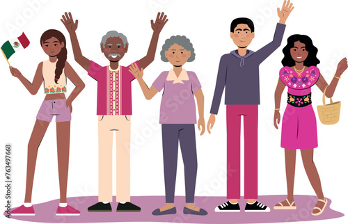 Ilustración grupo de personas de México. Jóvenes, adultos y ancianos