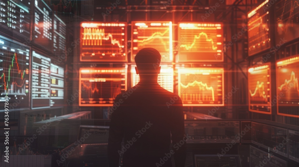 Man Surrounded by Screens Displaying Stock Market Graphs 