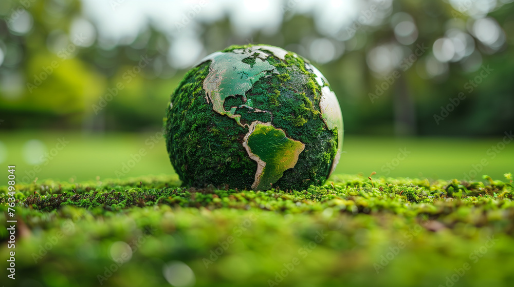 Green planet Earth from natural moss. Symbol of sustainable development and renewable energy.
