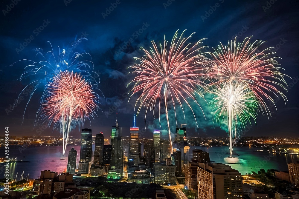 Vivid Fireworks Burst Over A Bustling Cityscape At Night, Mirroring In The Calm Water Below. Vivid Fireworks Burst Over A Bustling Cityscape At Night, Mirroring In The Calm Water Below.
