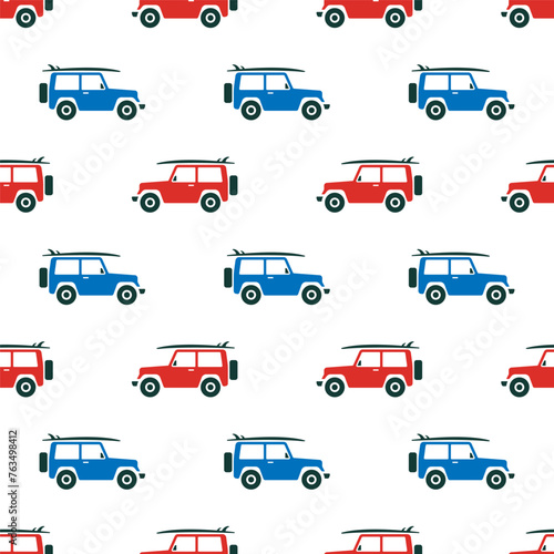 Small multi-colored SUVs with a surfboard isolated on a white background. Seamless pattern. Vector simple flat graphic illustration. Texture.