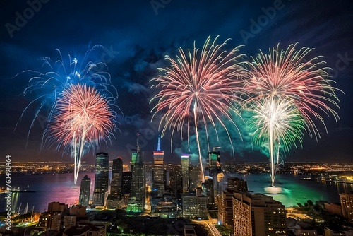 Vivid Fireworks Burst Over A Bustling Cityscape At Night, Mirroring In The Calm Water Below. © Greg Kelton
