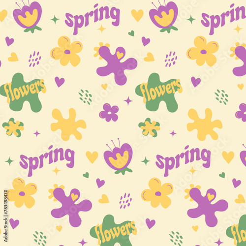A spring pattern in a painted style. Retro illustration with flowers and abstract shapes.