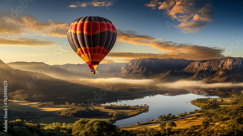 Gleaming Sunrise Over Misty Mountains With Hot Air Balloon Soaring Above Serene River