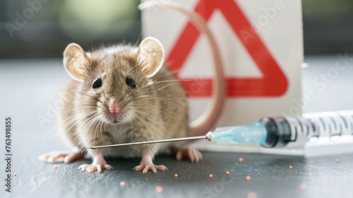 A laboratory mouse, syringe, and prohibition sign form a powerful symbol against animal testing on World Day for Laboratory Animals, April 24