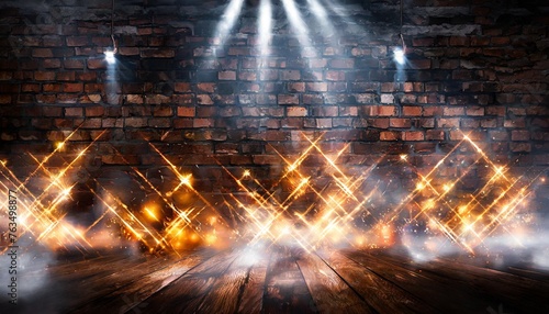 dark basement room empty old brick wall sparks of fire and light on the walls and wooden floor dark background with smoke and bright highlights neon lamps on the wall night view