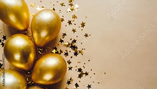 luxury holidays beige background with balloons golden confetti sparkles lights anniversary banner for birthday party topp view flat lay