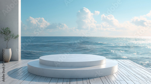 Minimalist White Wooden Podium, front view focus, a Clean Bangalo Living Room with Clean Ocean Background