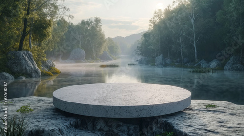 rock Podium, front view focus, a breathtaking winding river and forest Background, ideal for product displays,midnight ,moon,a podium should clean 