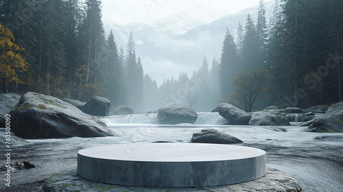 rock Podium, front view focus, a breathtaking winding river and forest Background, ideal for product displays,midnight ,moon,a podium should clean 