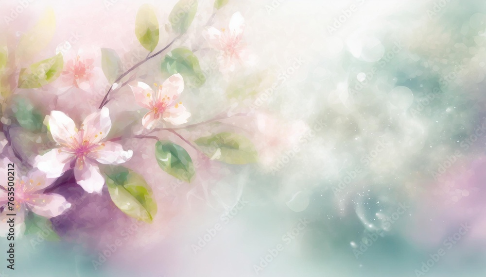 soft pastel spring background with fresh blossom flowers and leaves in mist smoke and spring dew illustration