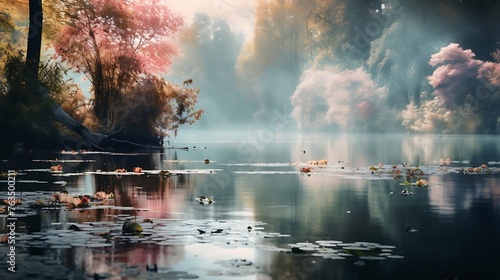 Serenity's Reflection: Mesmerizing Blurred Lake Background photo