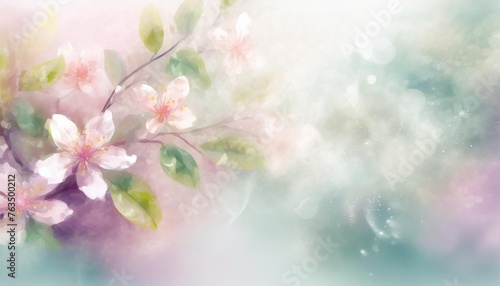 soft pastel spring background with fresh blossom flowers and leaves in mist smoke and spring dew illustration