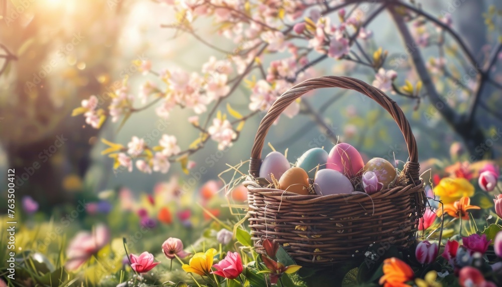 Easter eggs in basket among spring flowers