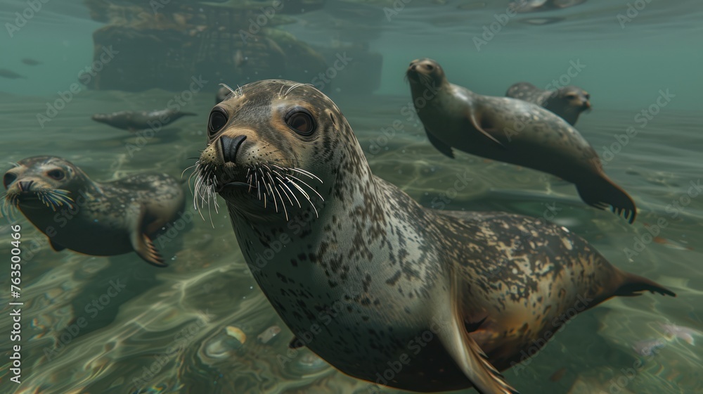Obraz premium Seals: marine mammals with brown fur, like to swim, native to all over the world. 