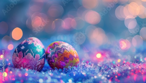 Sparkling decorated easter eggs on festive background
