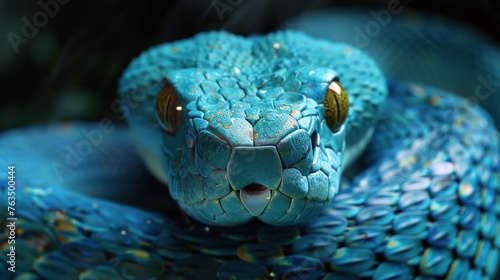 Close up image of blue viper on dark background 