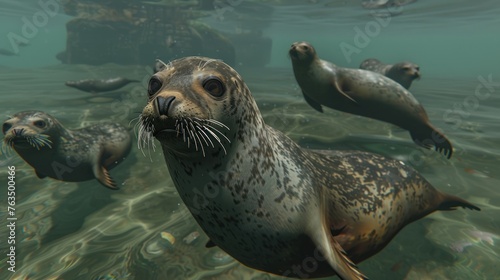 Seals: marine mammals with brown fur, like to swim, native to all over the world. 