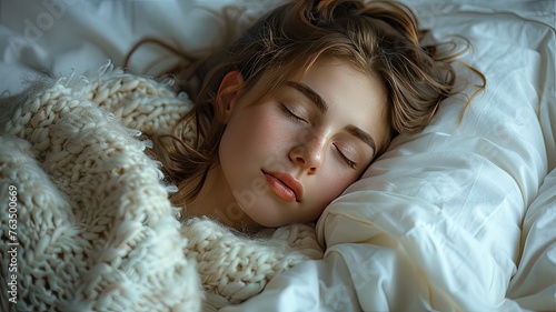 a young woman sleeps peacefully in bed, wrapped in a cozy blanket amidst white linens, under the cover of night.