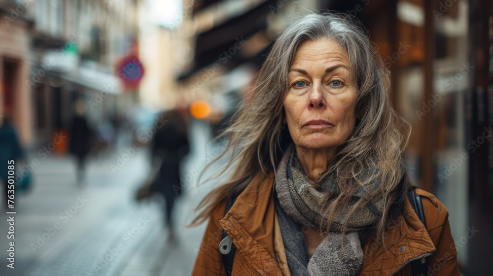 Mature woman posing in a city street