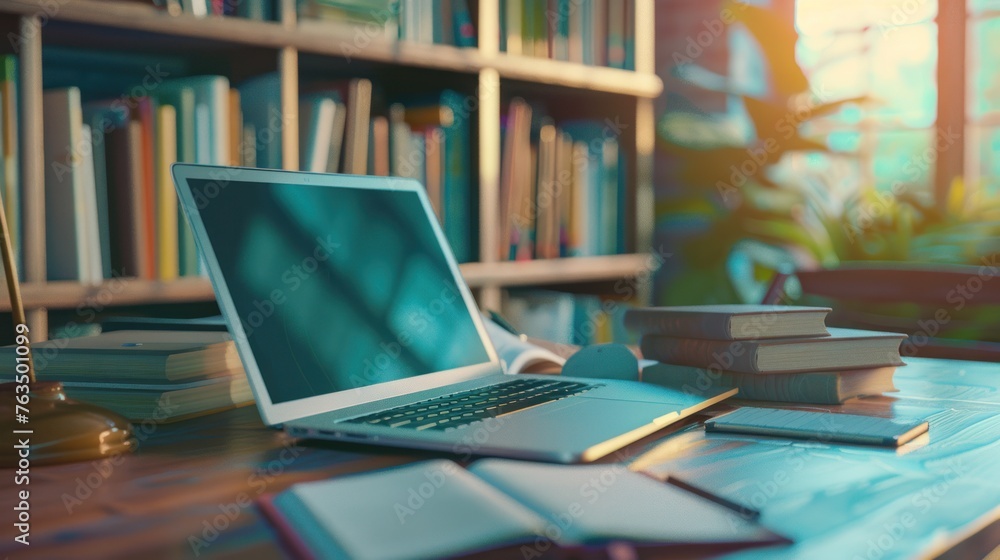 E-learning online education or internet encyclopedia concept. Open laptop and book compilation in a classroom. E-learning online education or internet encyclopedia concept. Open laptop and book compilation in a classroom.