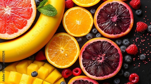 There are a variety of tropical fruits and mixed berries in this image