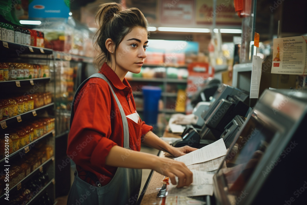 Occupation, business, lifestyle concept. Portrait of casual woman working in grocery store full of various products Occupation, business, lifestyle concept. Portrait of casual woman working in grocery store full of various products