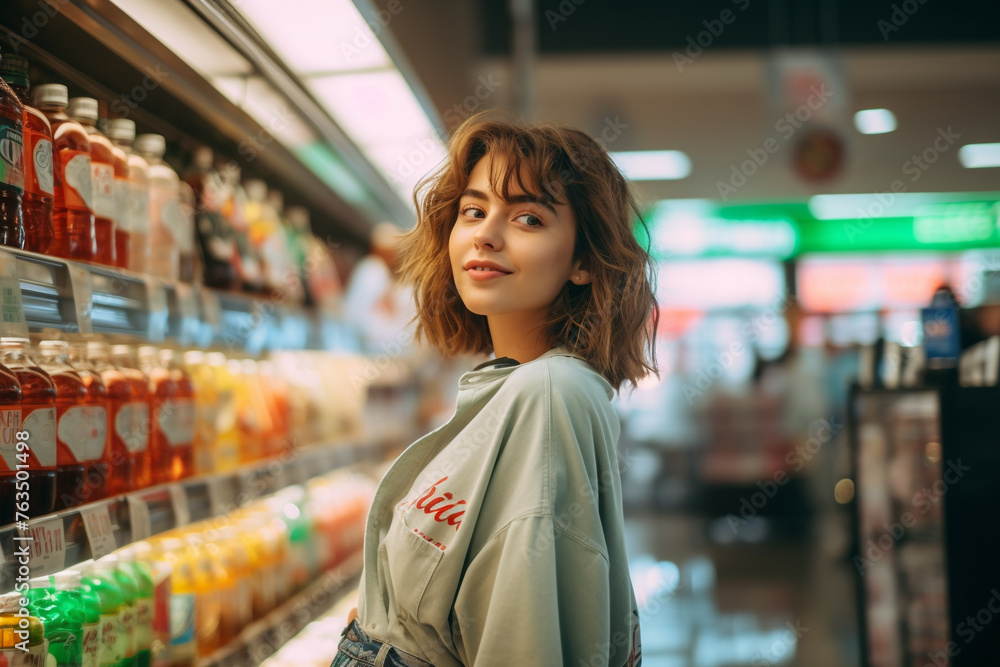 Occupation, business, lifestyle concept. Portrait of casual woman working in grocery store full of various products