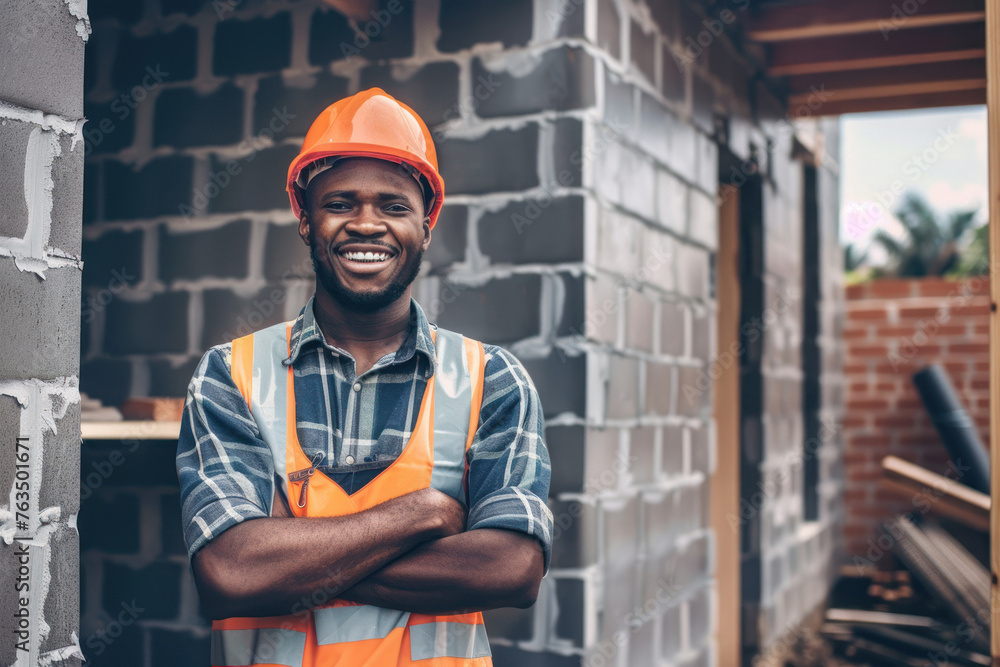 A joyful bricklayer in orange hard hat and reflective vest at the building site A joyful bricklayer in orange hard hat and reflective vest at the building site