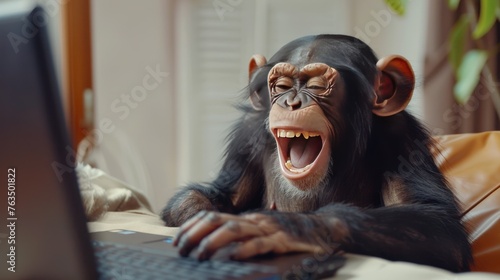 The monkey is sitting at his laptop and laughing. 