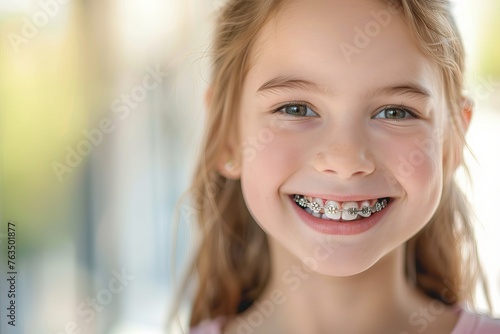 little smiling girl with metal braces on teeth, orthodontist, dentistry, oral cavity,