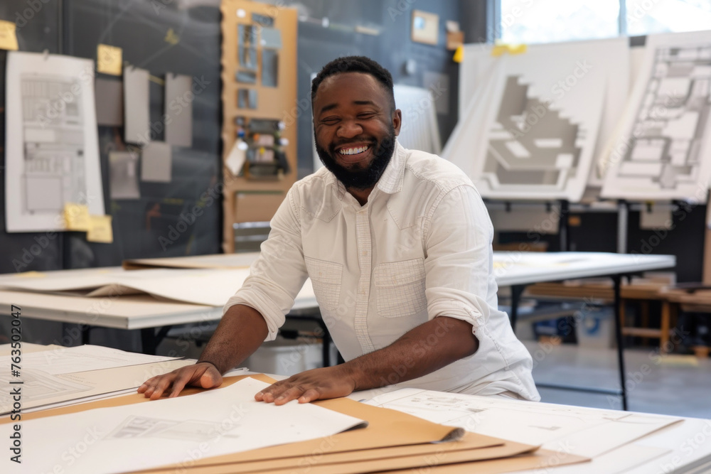 An architect joyfully interacts with blueprints on a table, showing creativity and enthusiasm in a design studio An architect joyfully interacts with blueprints on a table, showing creativity and enthusiasm in a design studio